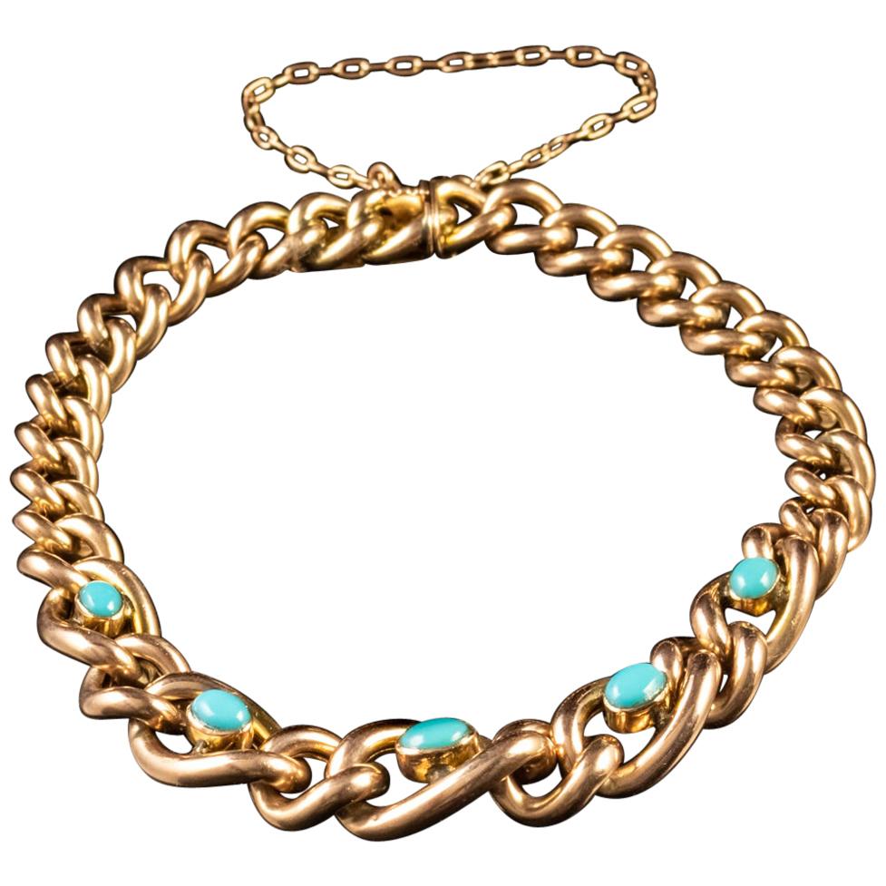 Antique Victorian Turquoise Forget Me Not Bracelet 9 Carat Rose Gold, circa 1900 For Sale