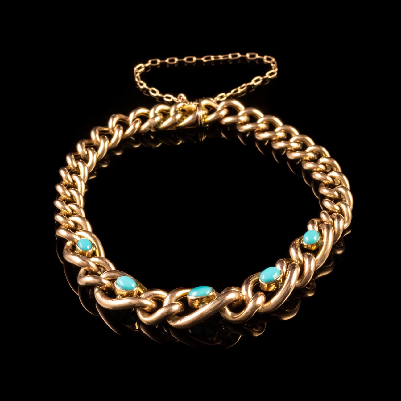 This beautiful Antique Victorian bracelet has been commissioned in 9ct Rose Gold and set with a selection of gorgeous blue Turquoise stones.

Turquoise are a lovely opaque stone with a calming blue/green colour that was considered a symbol of