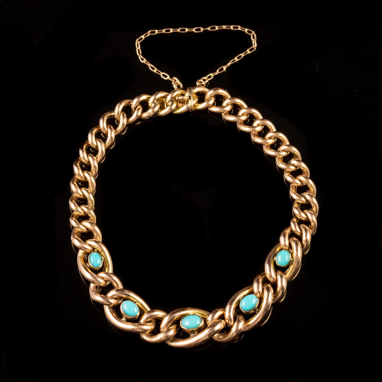 Antique Victorian Turquoise Forget Me Not Bracelet 9 Carat Rose Gold, circa 1900 In Good Condition For Sale In Lancaster, Lancashire