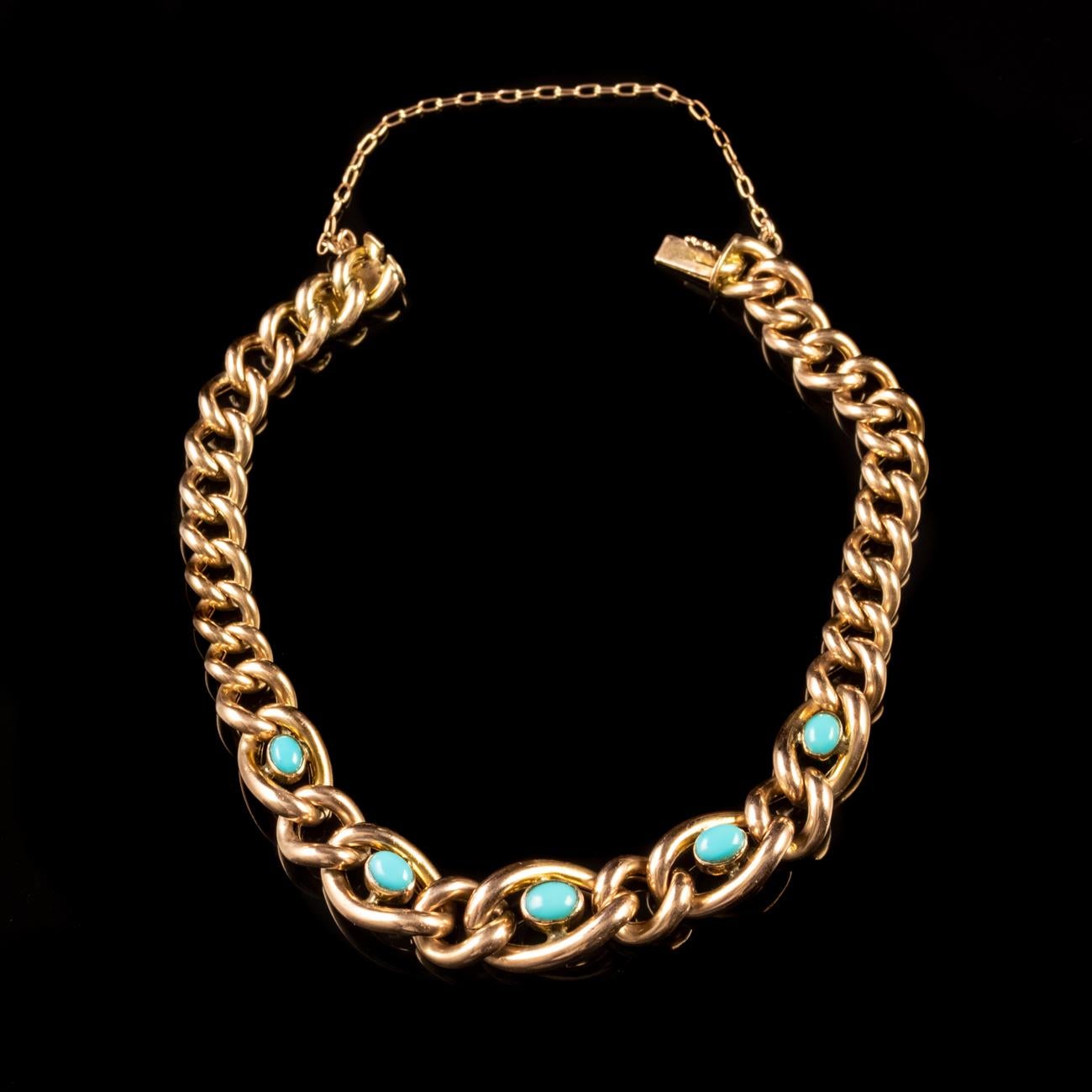 Women's Antique Victorian Turquoise Forget Me Not Bracelet 9 Carat Rose Gold, circa 1900 For Sale