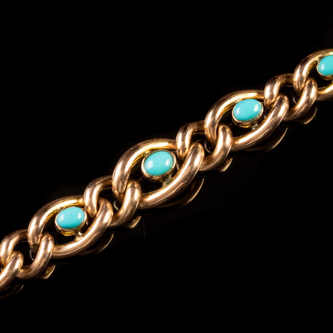 Antique Victorian Turquoise Forget Me Not Bracelet 9 Carat Rose Gold, circa 1900 For Sale 1