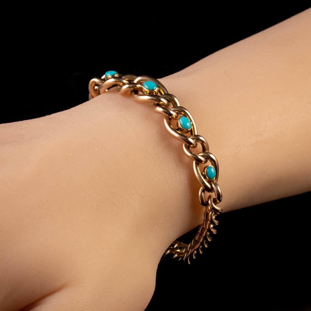 Antique Victorian Turquoise Forget Me Not Bracelet 9 Carat Rose Gold, circa 1900 For Sale 3