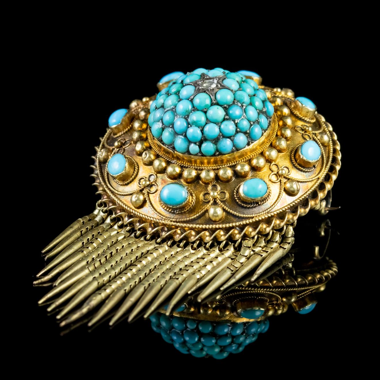 Antique Victorian Turquoise Etruscan Brooch Locket 18 Carat Gold, circa 1880 In Good Condition In Lancaster, Lancashire