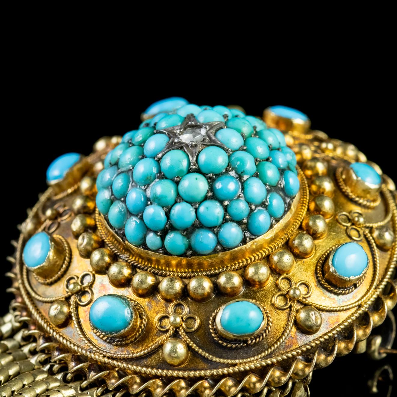 Antique Victorian Turquoise Etruscan Brooch Locket 18 Carat Gold, circa 1880 1