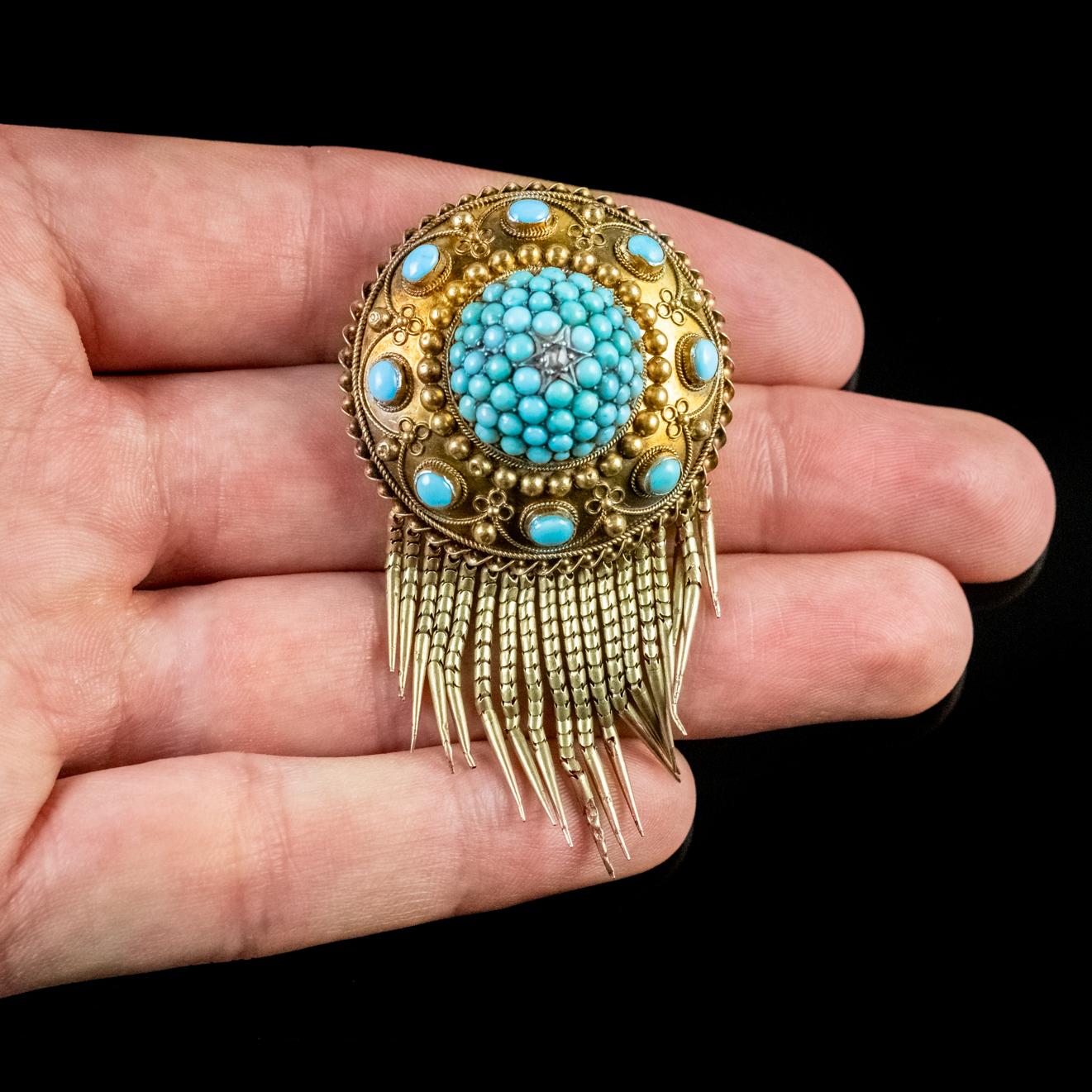 Antique Victorian Turquoise Etruscan Brooch Locket 18 Carat Gold, circa 1880 2