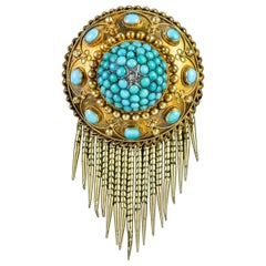 Antique médaillon broche étrusque victorien en or 18 carats avec turquoise, c. 1880