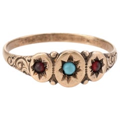 Antique Victorian Turquoise Garnet Signet Ring Vintage 10 Karat Rose Gold