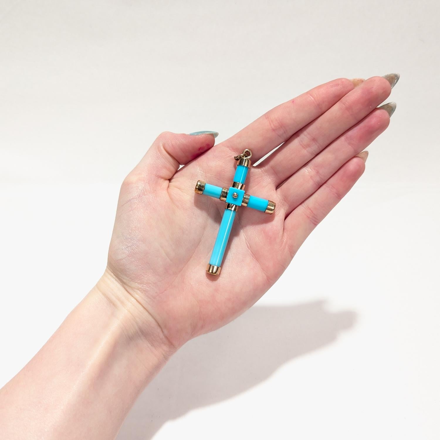 Women's or Men's Antique Victorian Turquoise Glass and Gold Filled Cross or Crucifix Pendant