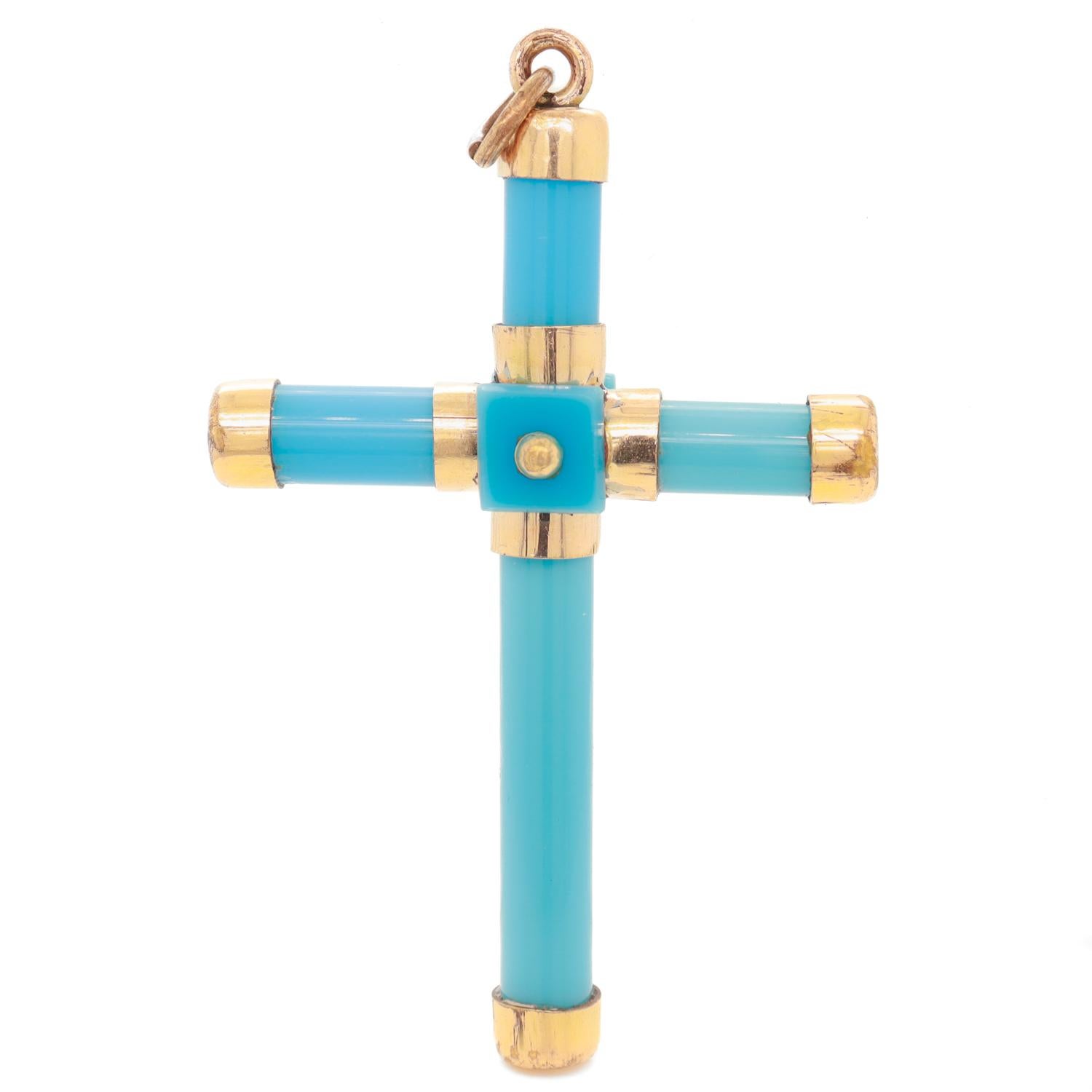 Antique Victorian Turquoise Glass and Gold Filled Cross or Crucifix Pendant 1