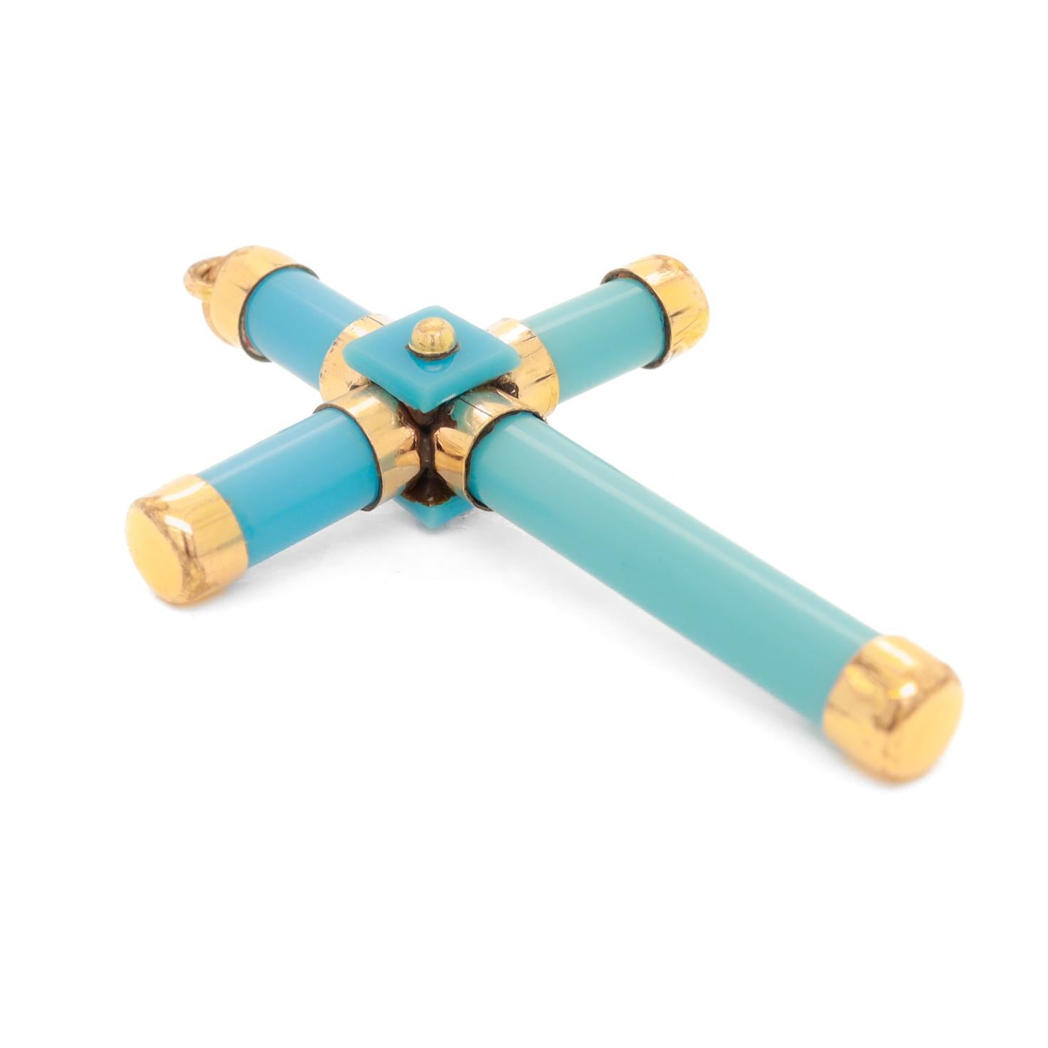 Antique Victorian Turquoise Glass and Gold Filled Cross or Crucifix Pendant 2