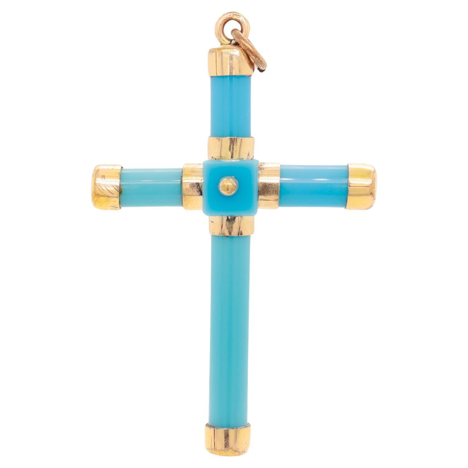 Antique Victorian Turquoise Glass and Gold Filled Cross or Crucifix Pendant