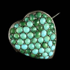 Antique Victorian Turquoise Heart Locket Silver Brooch, circa 1900