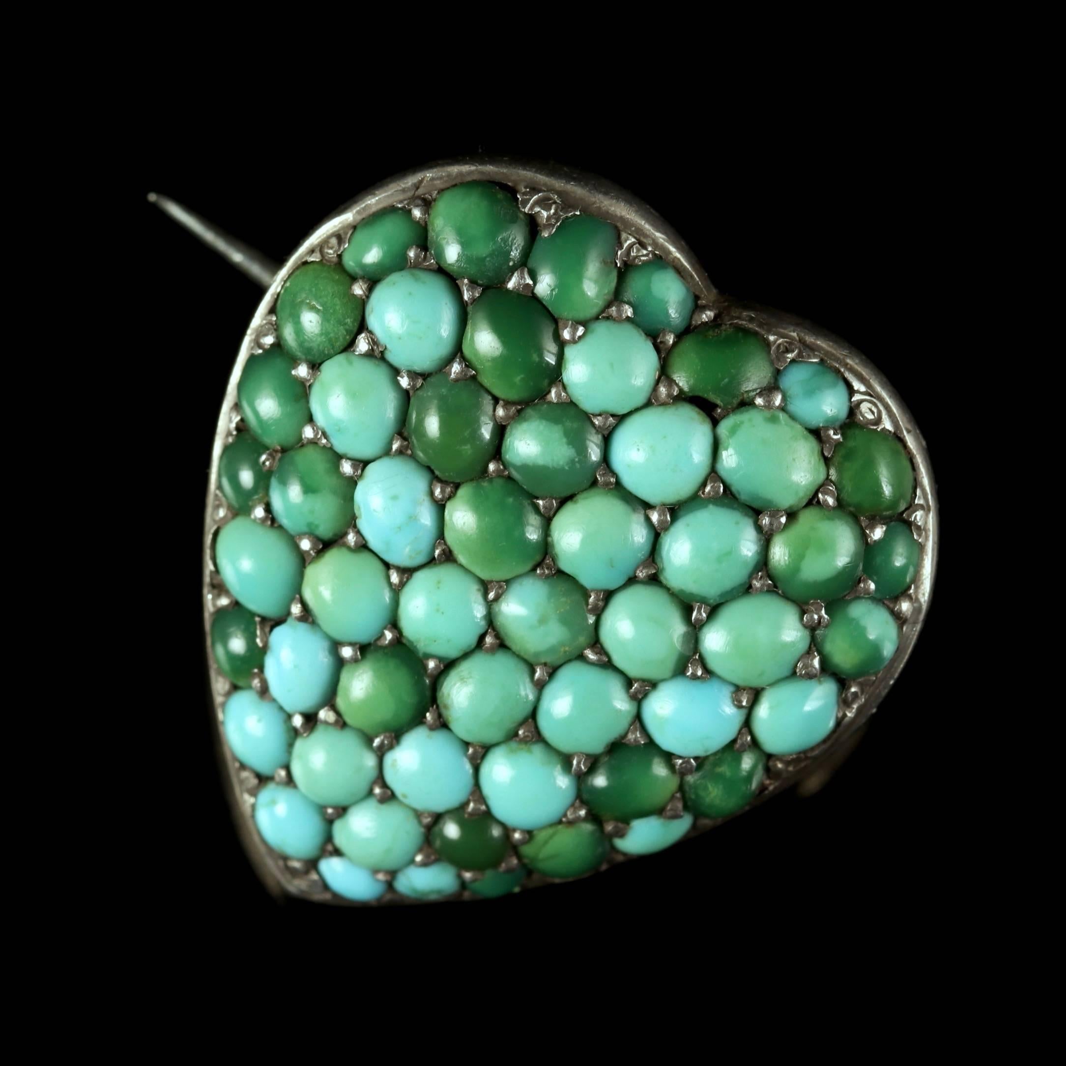 Antique Victorian Turquoise Heart Locket Silver Brooch, circa 1900 For Sale 1