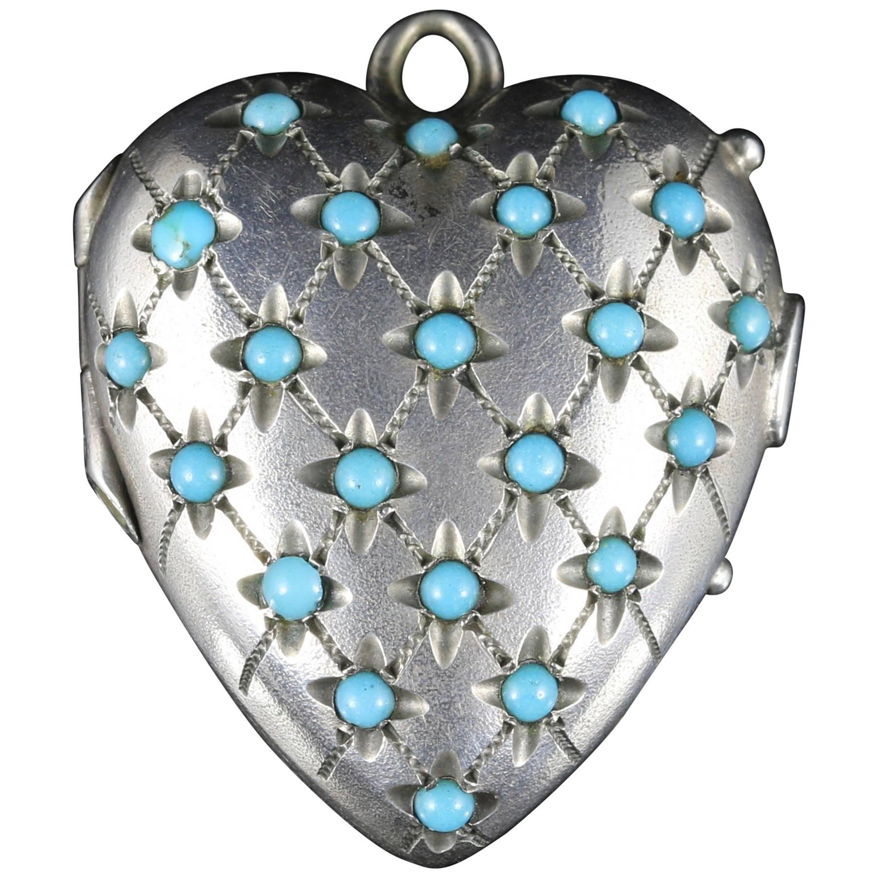 Antique Victorian Turquoise Heart Locket Silver, circa 1880