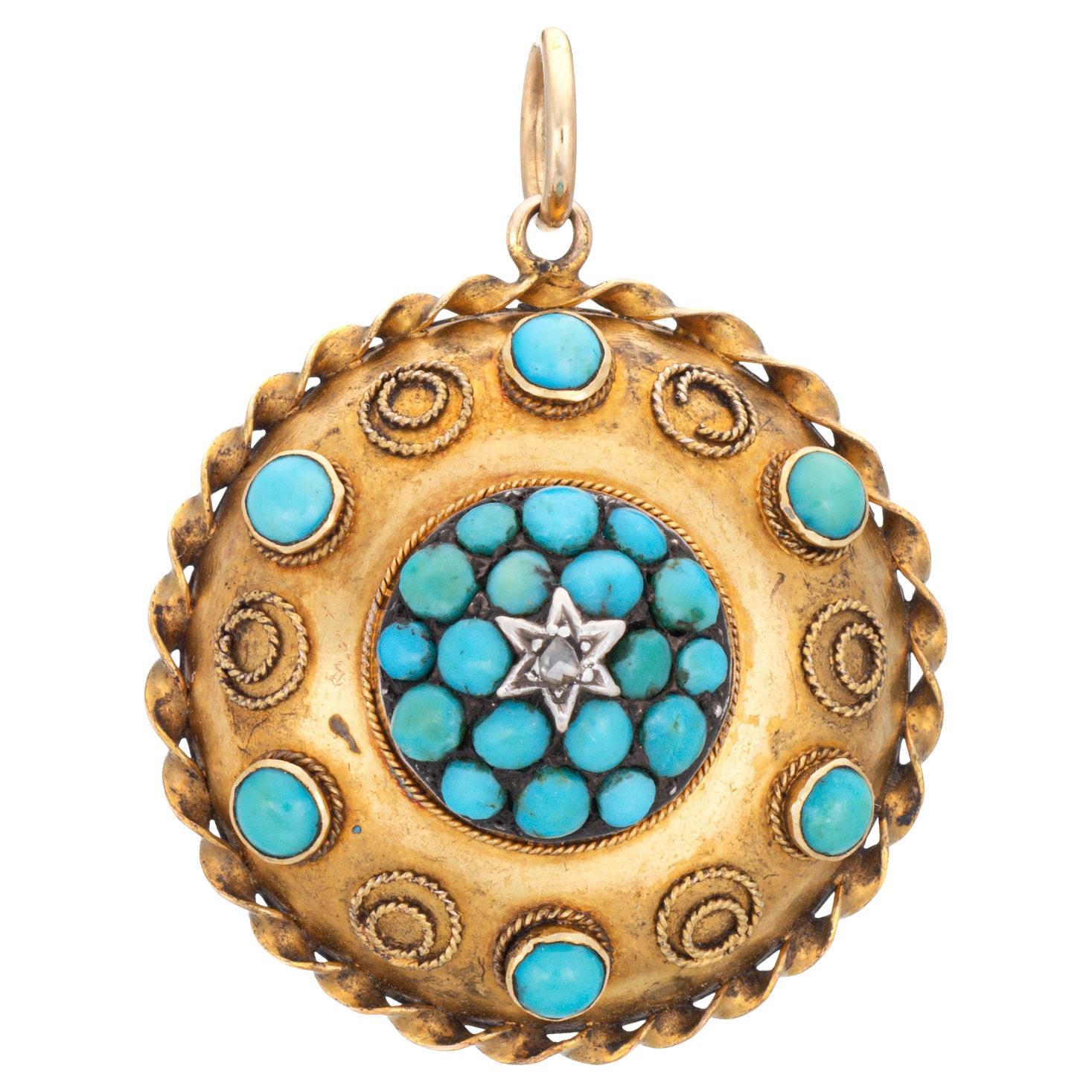 Antico medaglione vittoriano in turchese, ciondolo in oro giallo 14k con diamanti, con astuccio montato