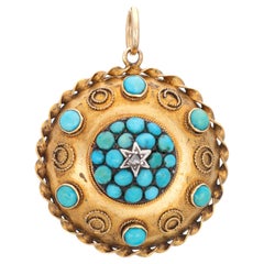 Antico medaglione vittoriano in turchese, ciondolo in oro giallo 14k con diamanti, con astuccio montato