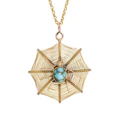 Antique Victorian Turquoise Matrix Spider and Web Pendant Necklace