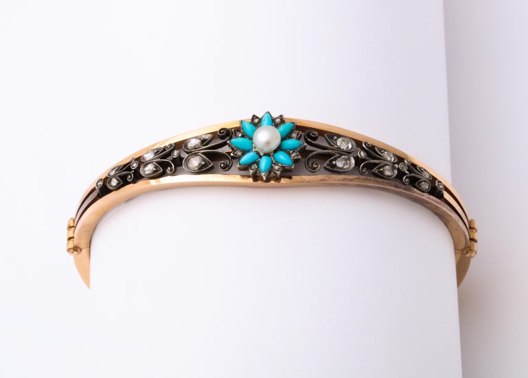 Women's Antique Victorian Persian Turquoise and Pearl and Diamond Bracelet For Sale