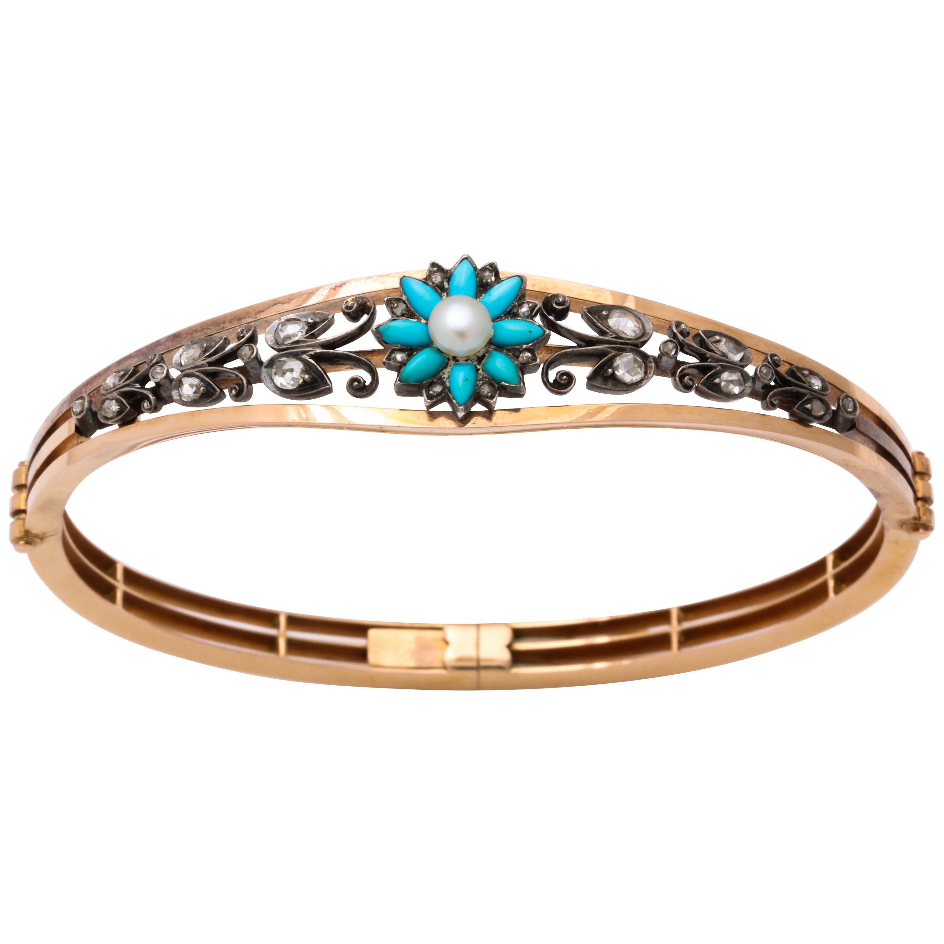 Bracelet victorien ancien en turquoises et perles de Perse et diamants