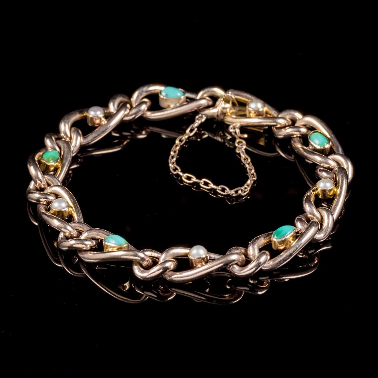 Antique Victorian Turquoise Pearl 9 Carat Rose Gold Bracelet, circa 1900 In Excellent Condition For Sale In Lancaster, Lancashire