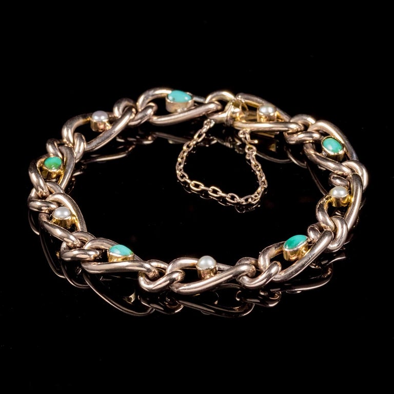 Antique Victorian Turquoise Pearl 9 Carat Rose Gold Bracelet, circa 1900 For Sale at 1stdibs