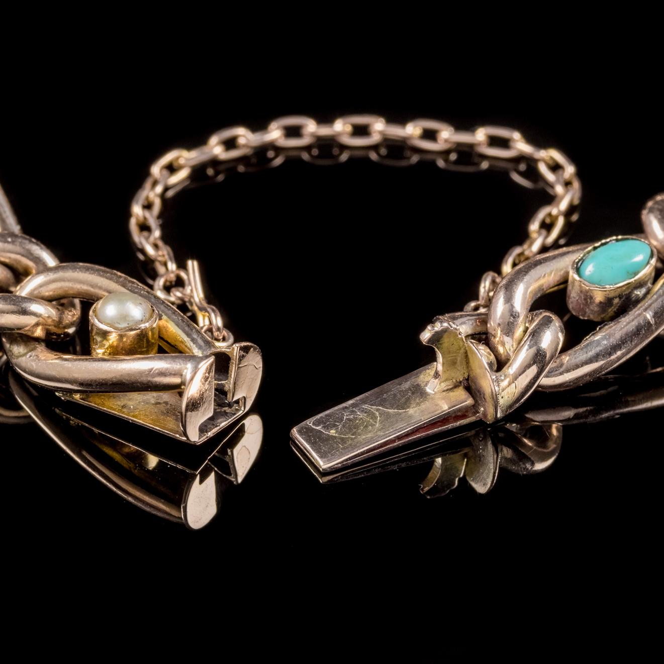 Antique Victorian Turquoise Pearl 9 Carat Rose Gold Bracelet, circa 1900 For Sale 1