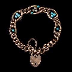 Antique Victorian Turquoise Pearl Bracelet 9 Caratt Rose Gold Dated 1901