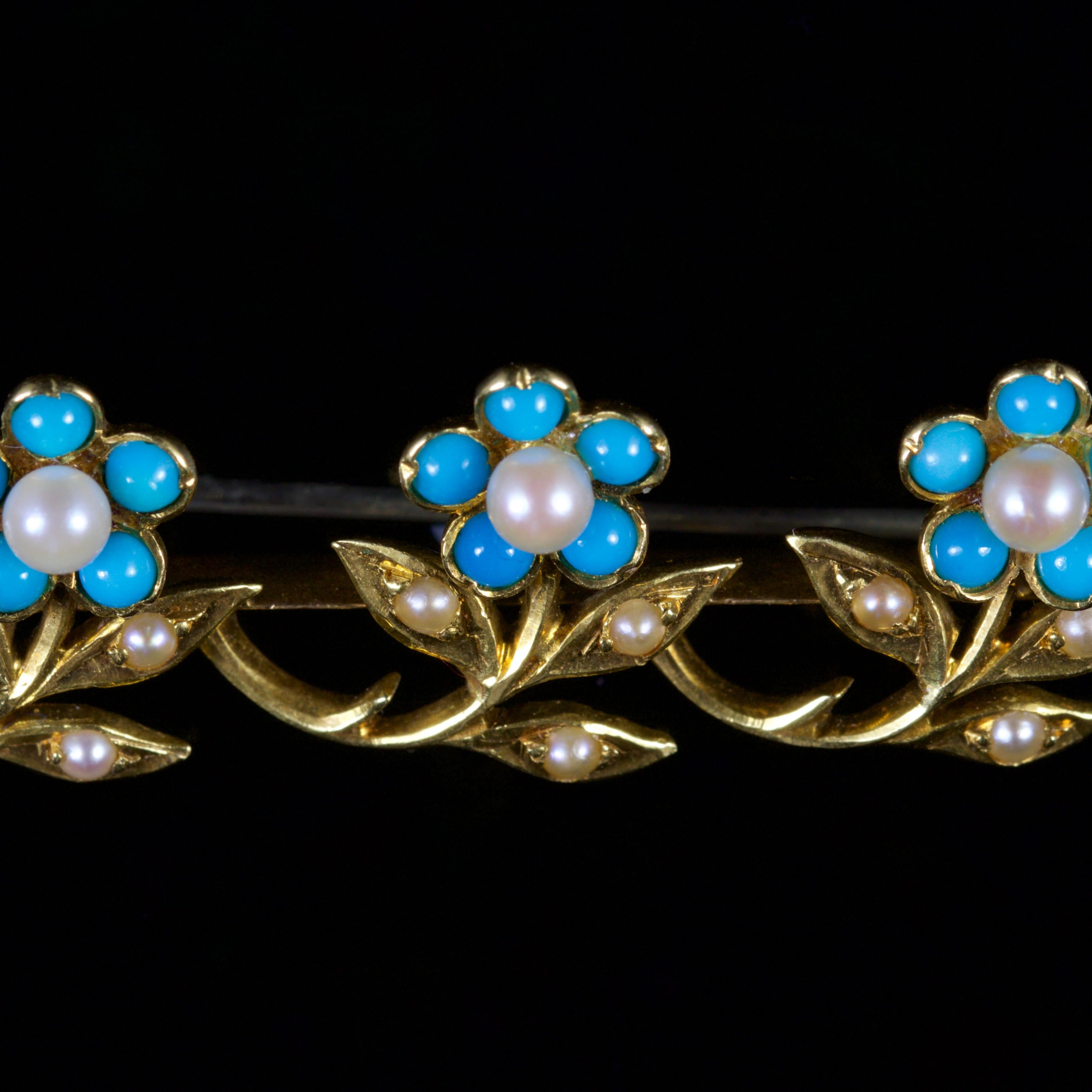 This elegant Victorian 18ct Gold Turquoise and Pearl Brooch is, Circa 1880.

The brooch is decorated in a trilogy of forget me nots boasting Turquoises and Pearls, it is truly beautiful.

Forget-me-not, O Lord! is what a poor German knight shouted