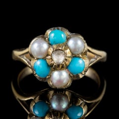 Victorian Turquoise Pearl Cluster Ring 9 Carat Gold Georgian Face, circa 1880