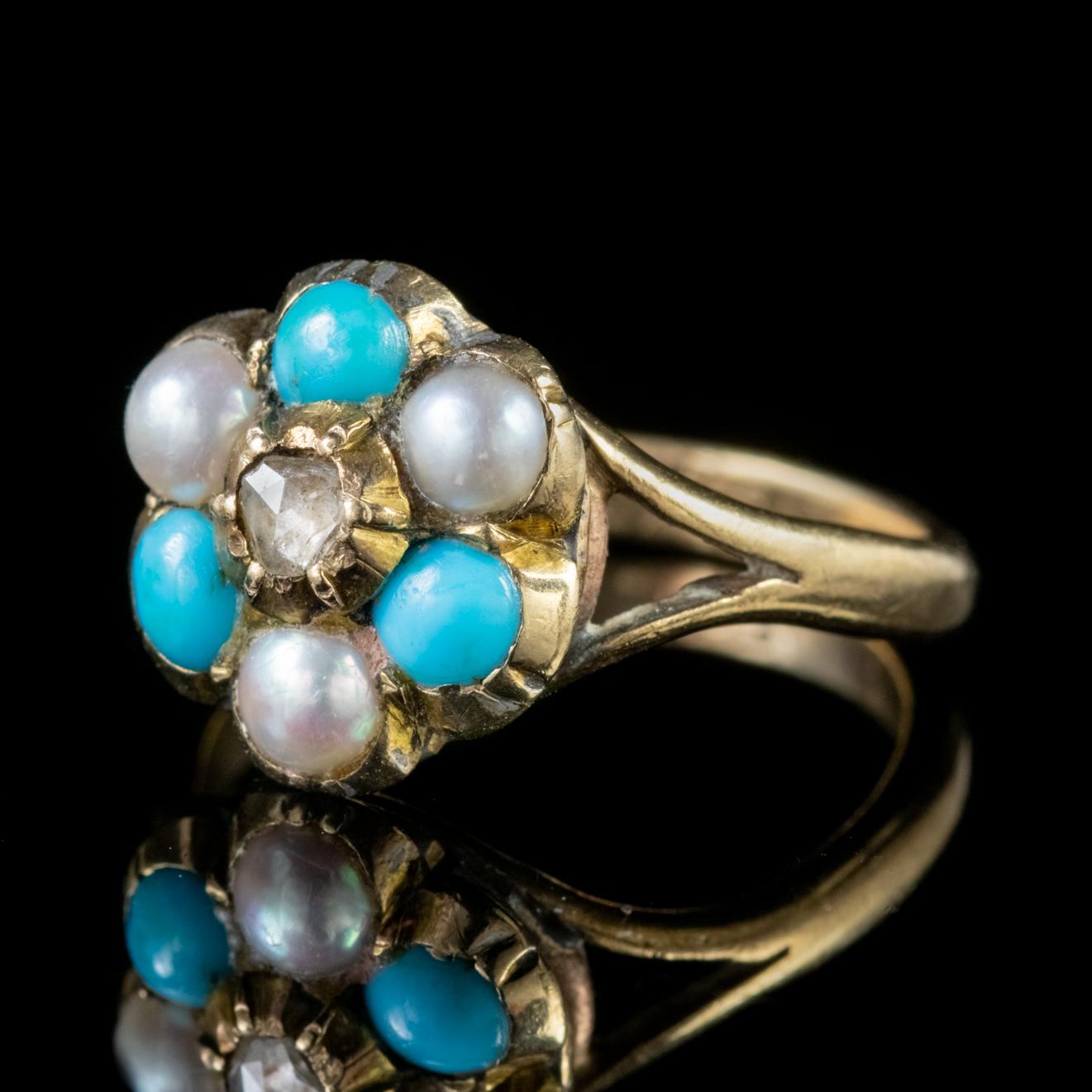 Late Victorian Victorian Turquoise Pearl Cluster Ring 9 Carat Gold Georgian Face, circa 1880 For Sale