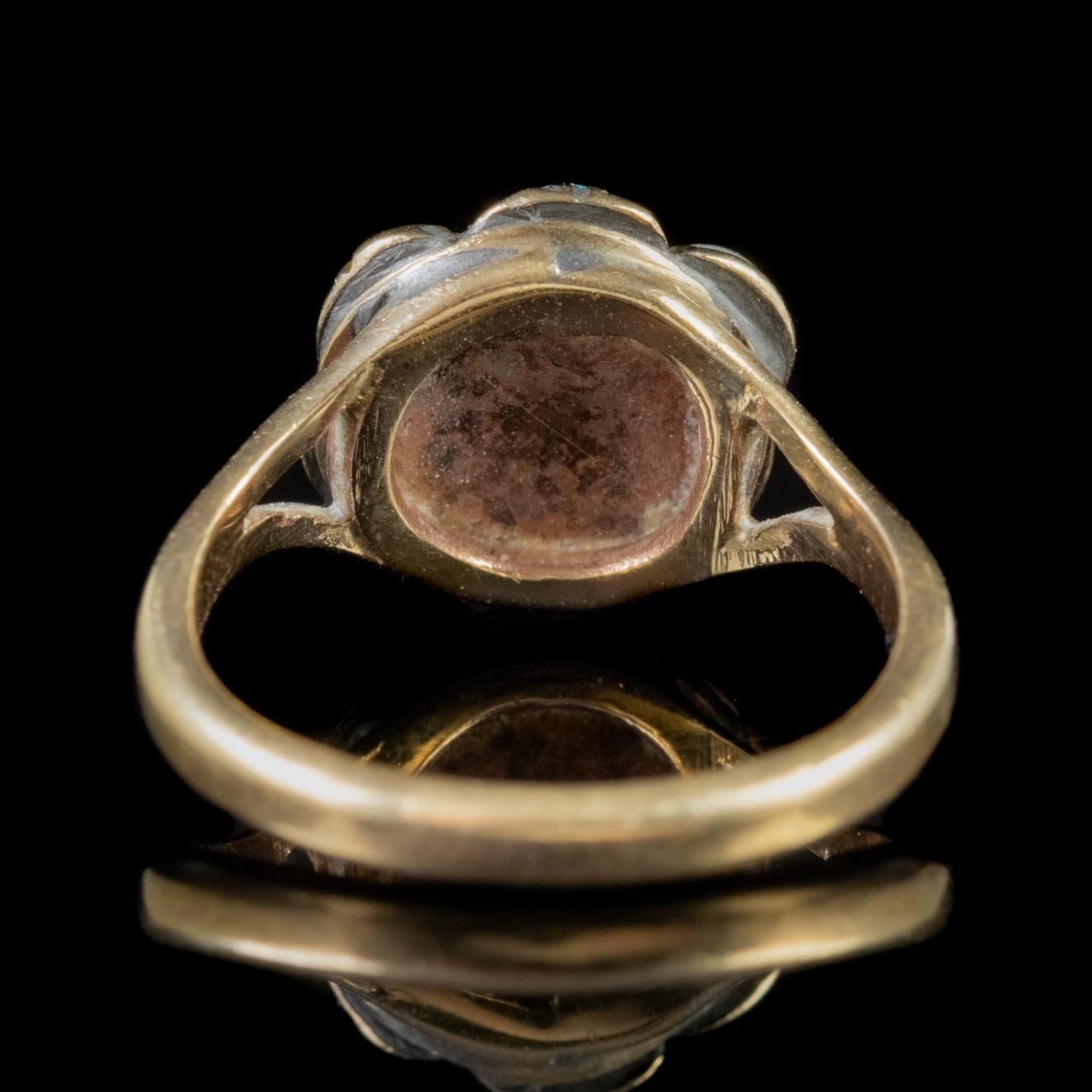 Victorian Turquoise Pearl Cluster Ring 9 Carat Gold Georgian Face, circa 1880 In Good Condition For Sale In Lancaster, Lancashire