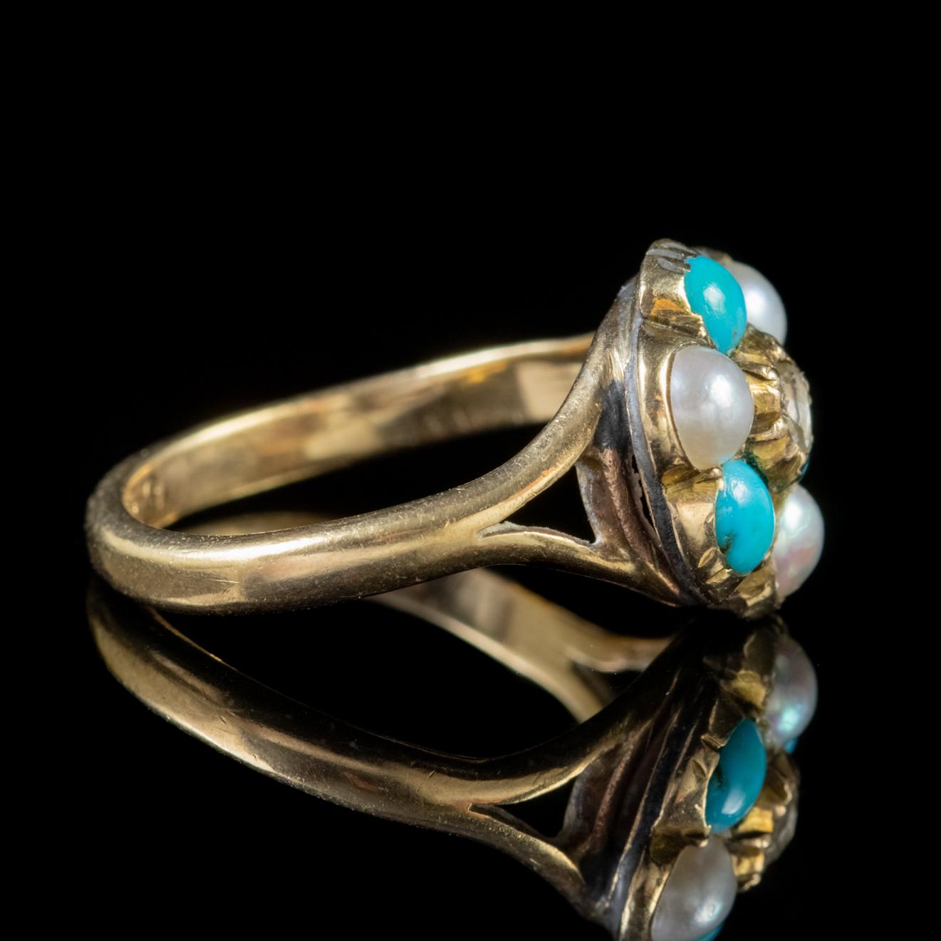 Women's Victorian Turquoise Pearl Cluster Ring 9 Carat Gold Georgian Face, circa 1880 For Sale