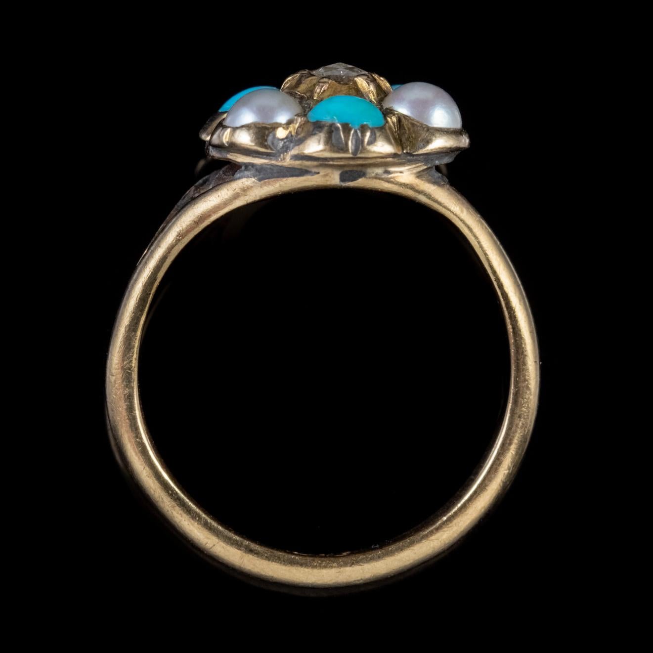 Victorian Turquoise Pearl Cluster Ring 9 Carat Gold Georgian Face, circa 1880 For Sale 1