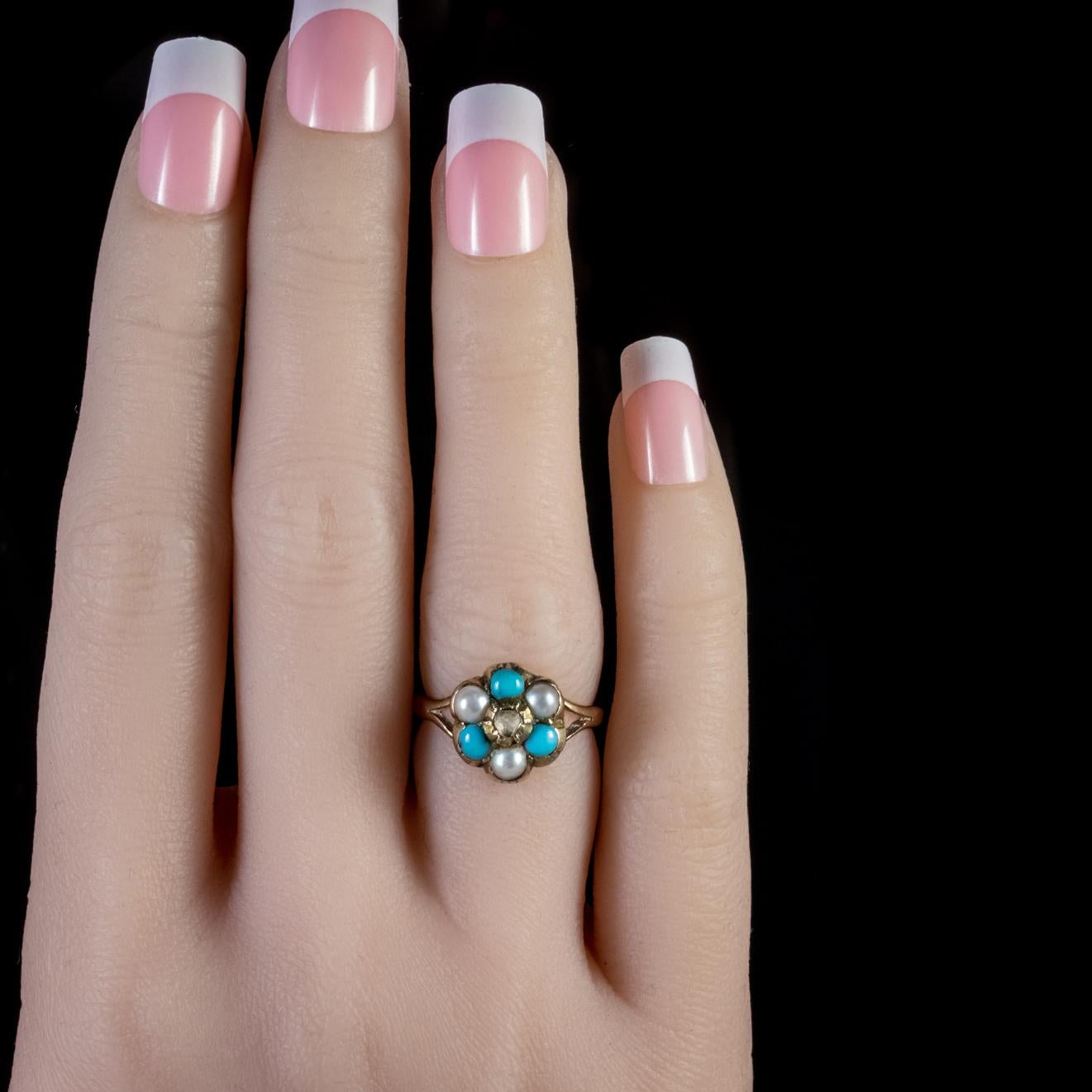 Victorian Turquoise Pearl Cluster Ring 9 Carat Gold Georgian Face, circa 1880 For Sale 2