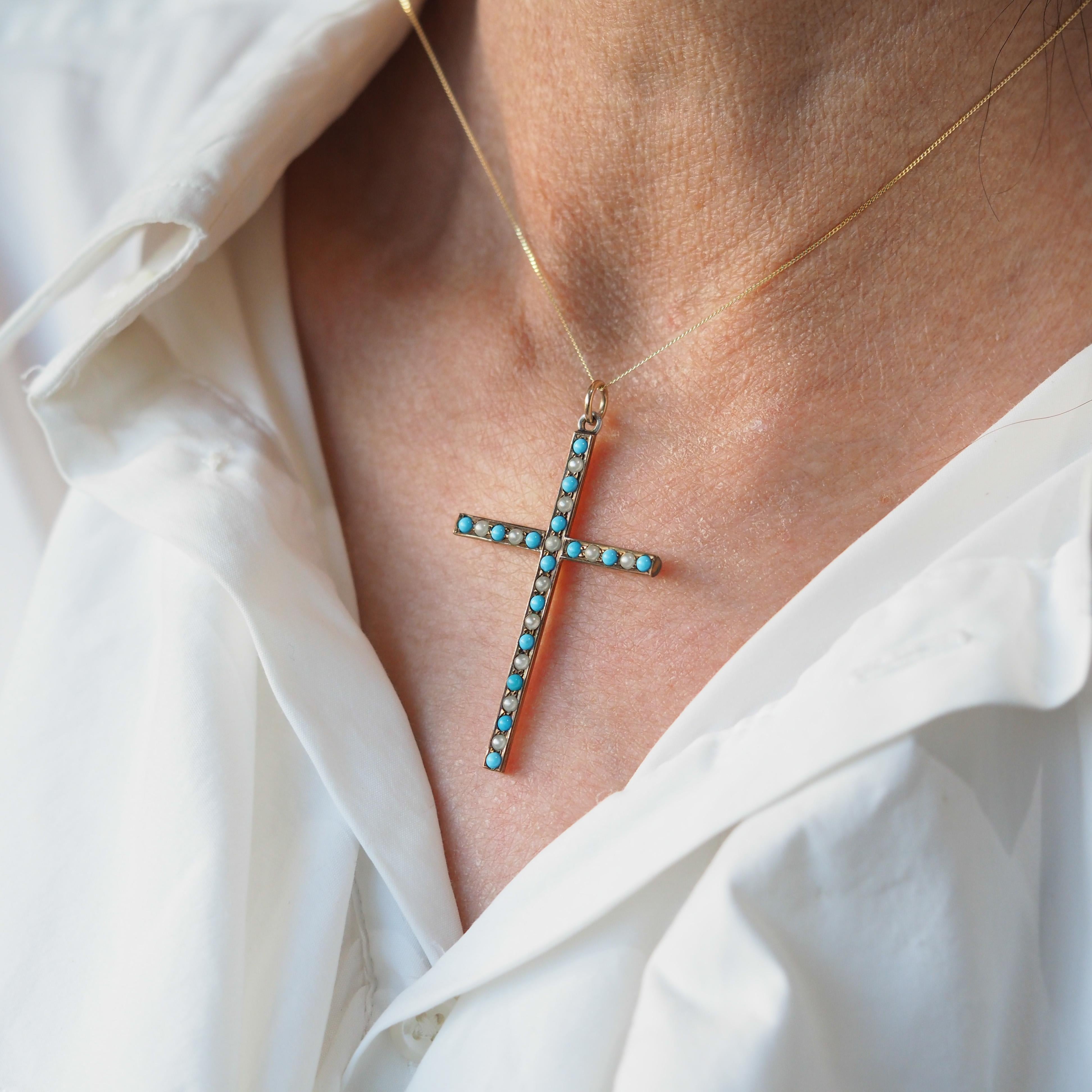 Antica collana vittoriana con ciondolo a forma di croce in turchese e perle in oro 9K - c.1890 in vendita 4