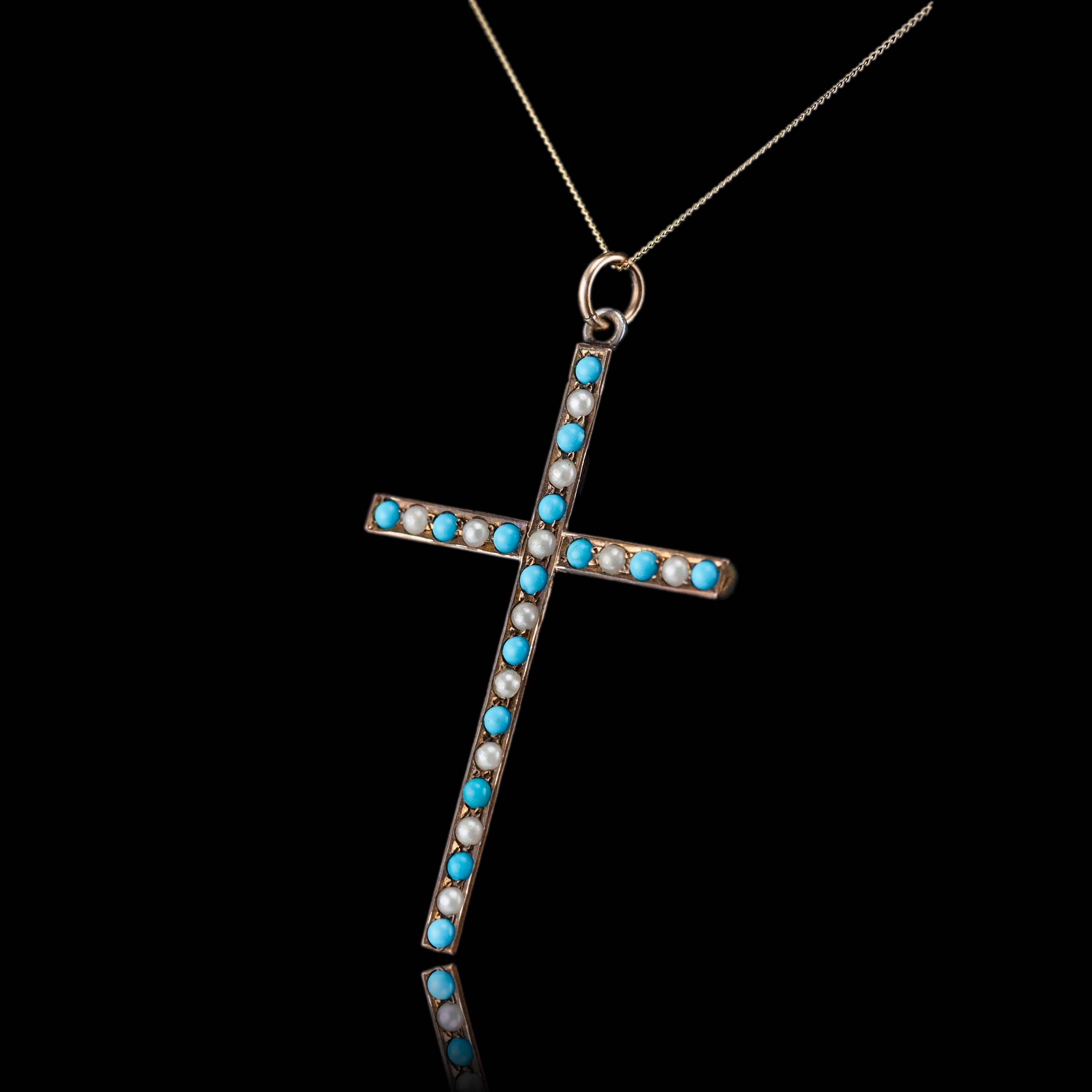 Antica collana vittoriana con ciondolo a forma di croce in turchese e perle in oro 9K - c.1890 in vendita 5