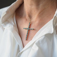 Antique Victorian Turquoise & Pearl Cross Pendant Necklace 9K Gold - c.1890