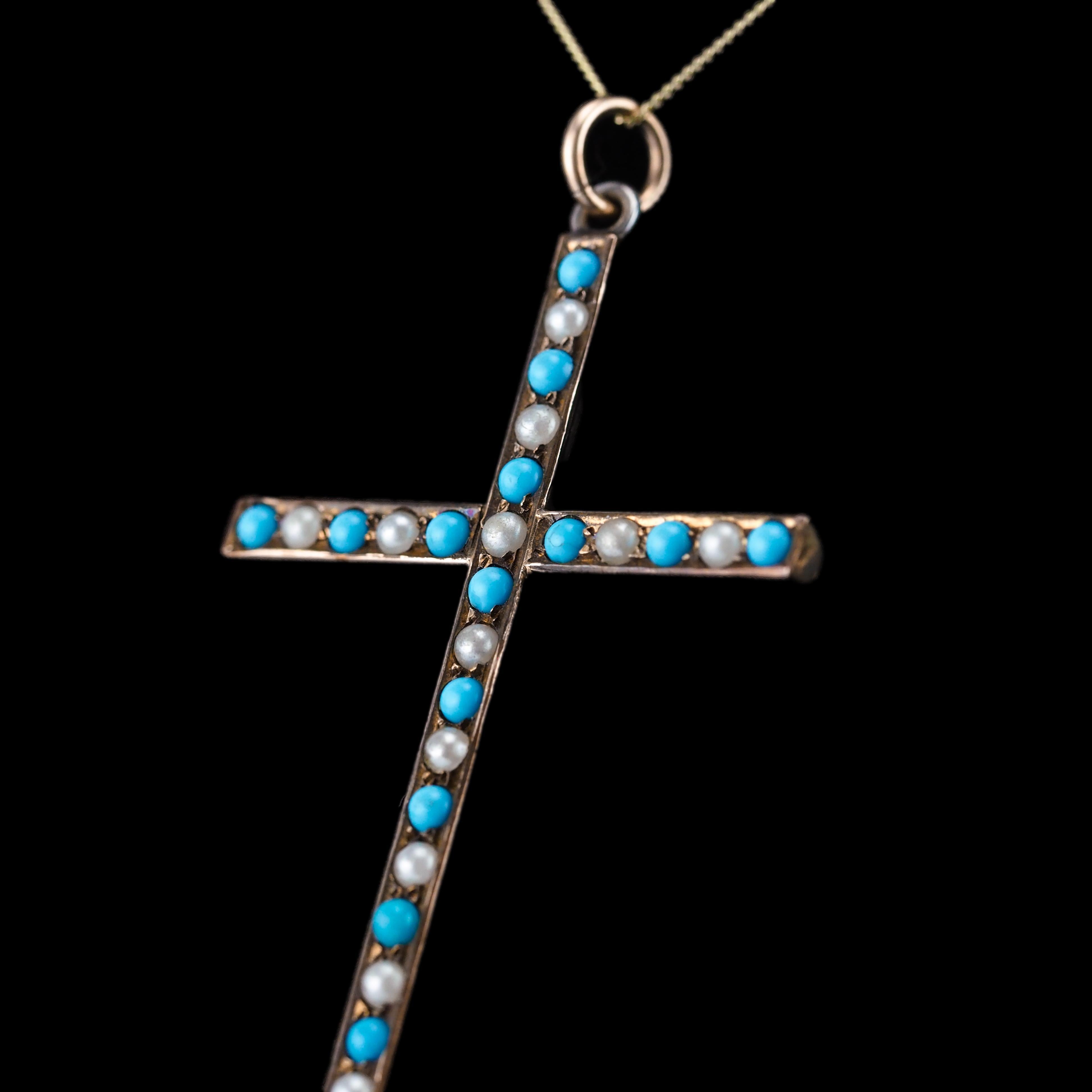 Vittoriano Antica collana vittoriana con ciondolo a forma di croce in turchese e perle in oro 9K - c.1890 in vendita