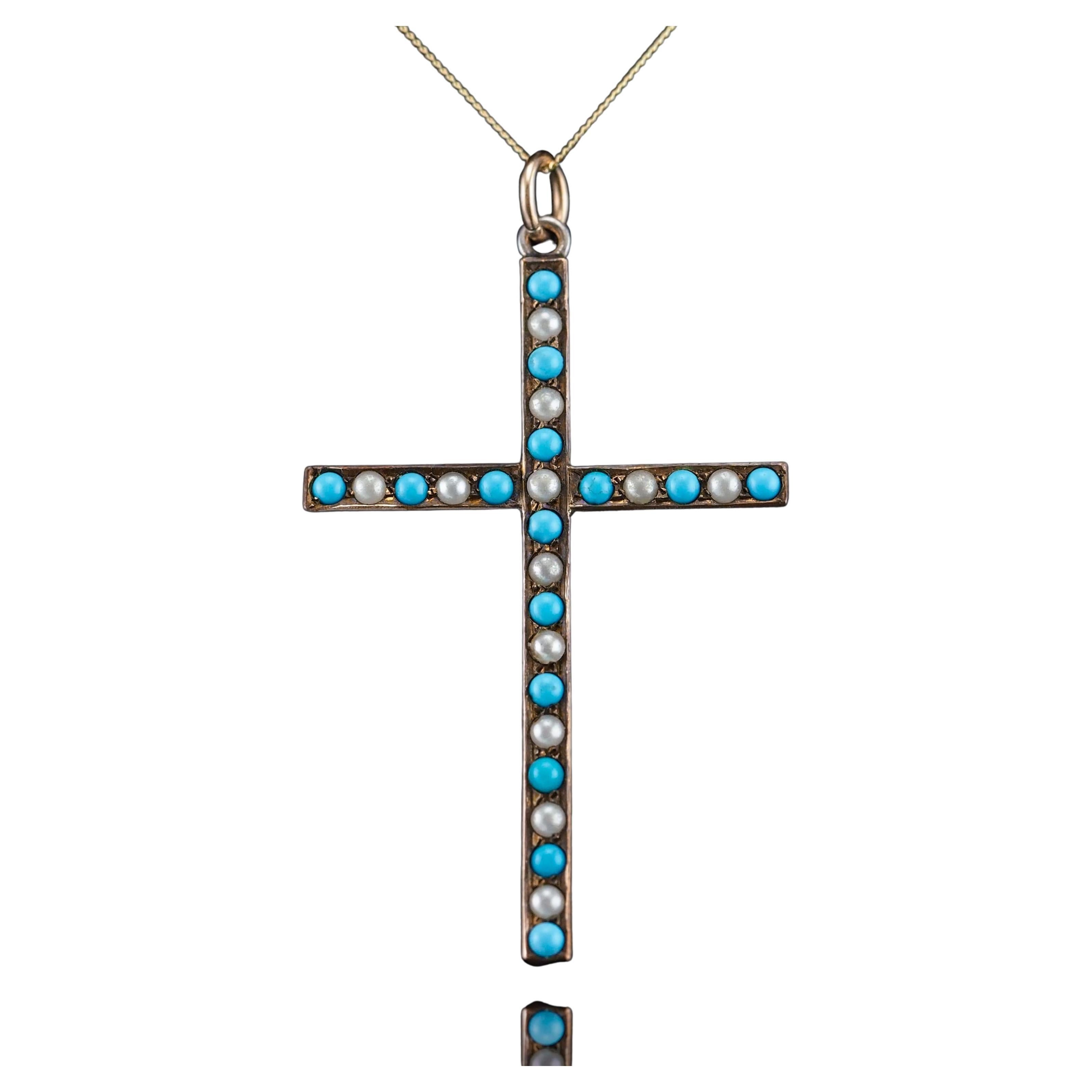 Antique Victorian Turquoise & Pearl Cross Pendant Necklace 9K Gold - c.1890