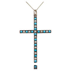 Antique Victorian Turquoise & Pearl Cross Pendant Necklace 9K Gold - c.1890