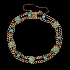 Antique Victorian Turquoise Pearl Curb Bracelet in 9ct Gold, circa 1900