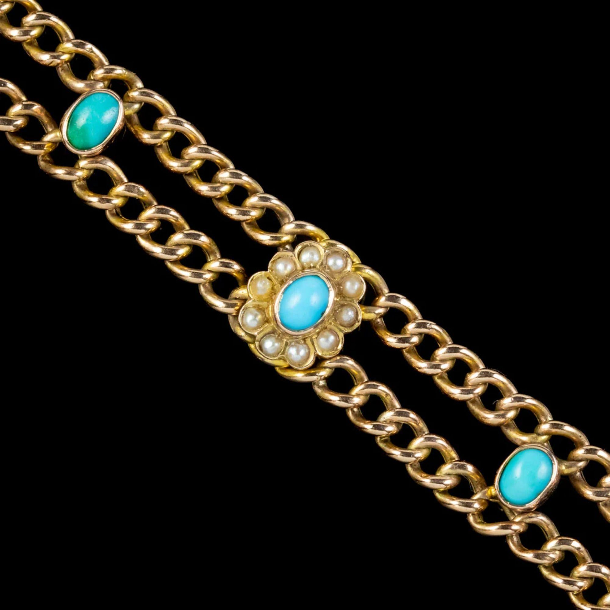 Victorien Bracelet victorien ancien en or 9 carats avec perles et turquoises, c. 1900 en vente
