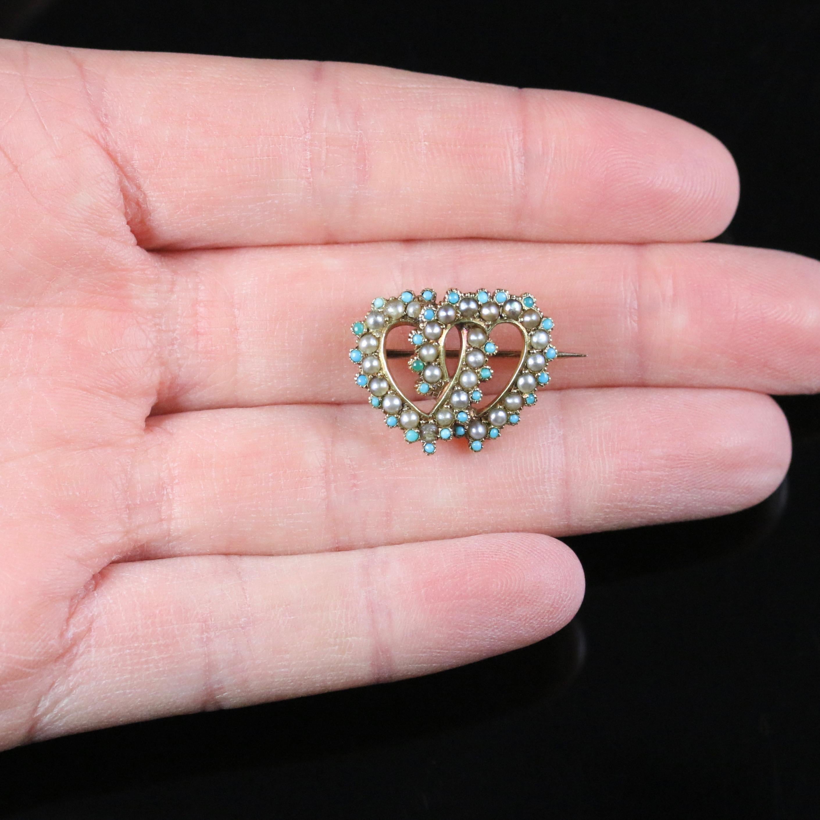 Antique Victorian Turquoise Pearl Double Heart Brooch, circa 1900 1