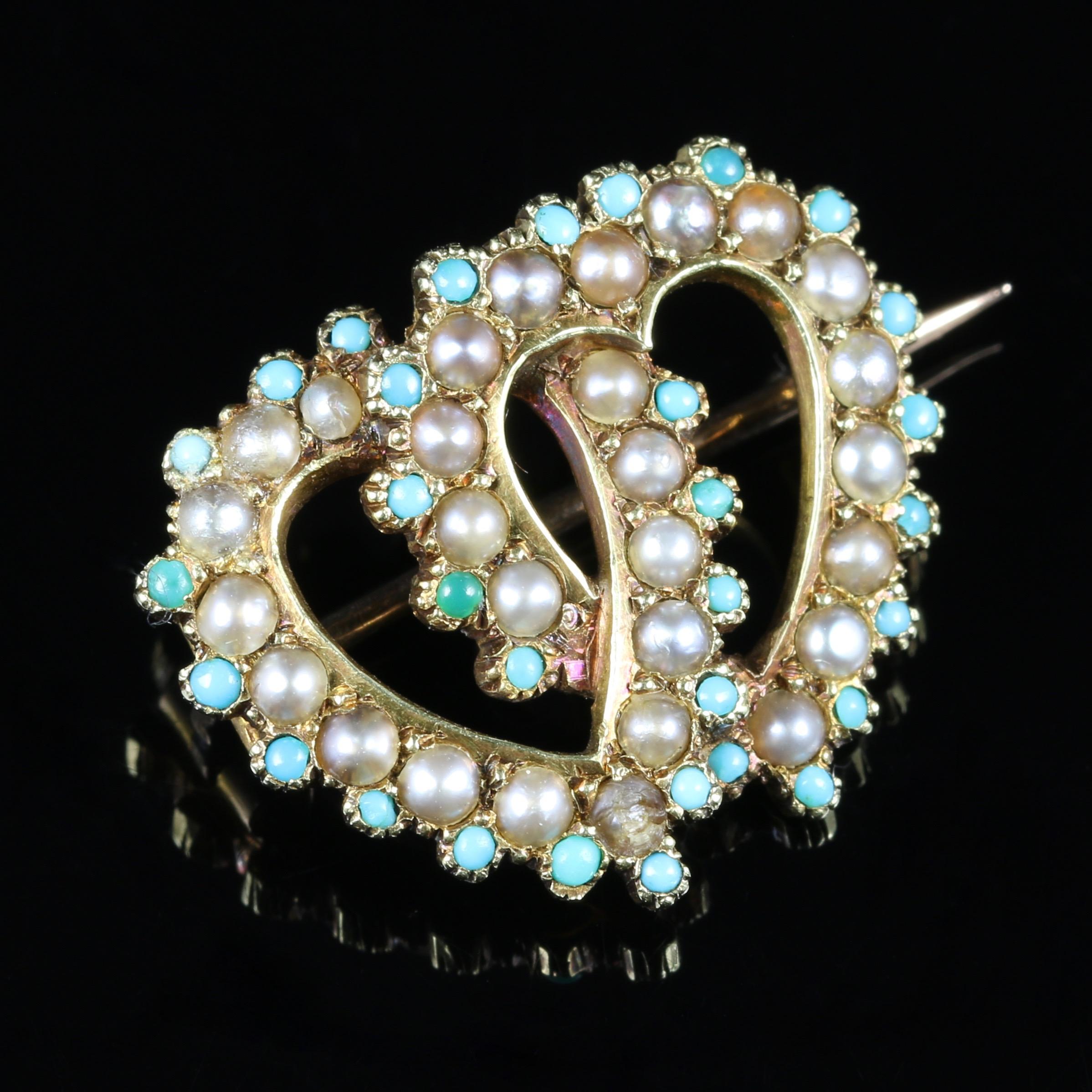 Antique Victorian Turquoise Pearl Double Heart Brooch, circa 1900 3