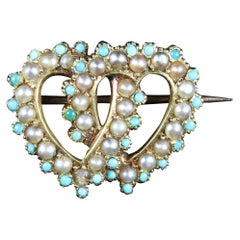 Antique Victorian Turquoise Pearl Double Heart Brooch, circa 1900
