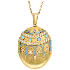 Antique Victorian Turquoise Pearl Enamel 18 Karat Gold Locket