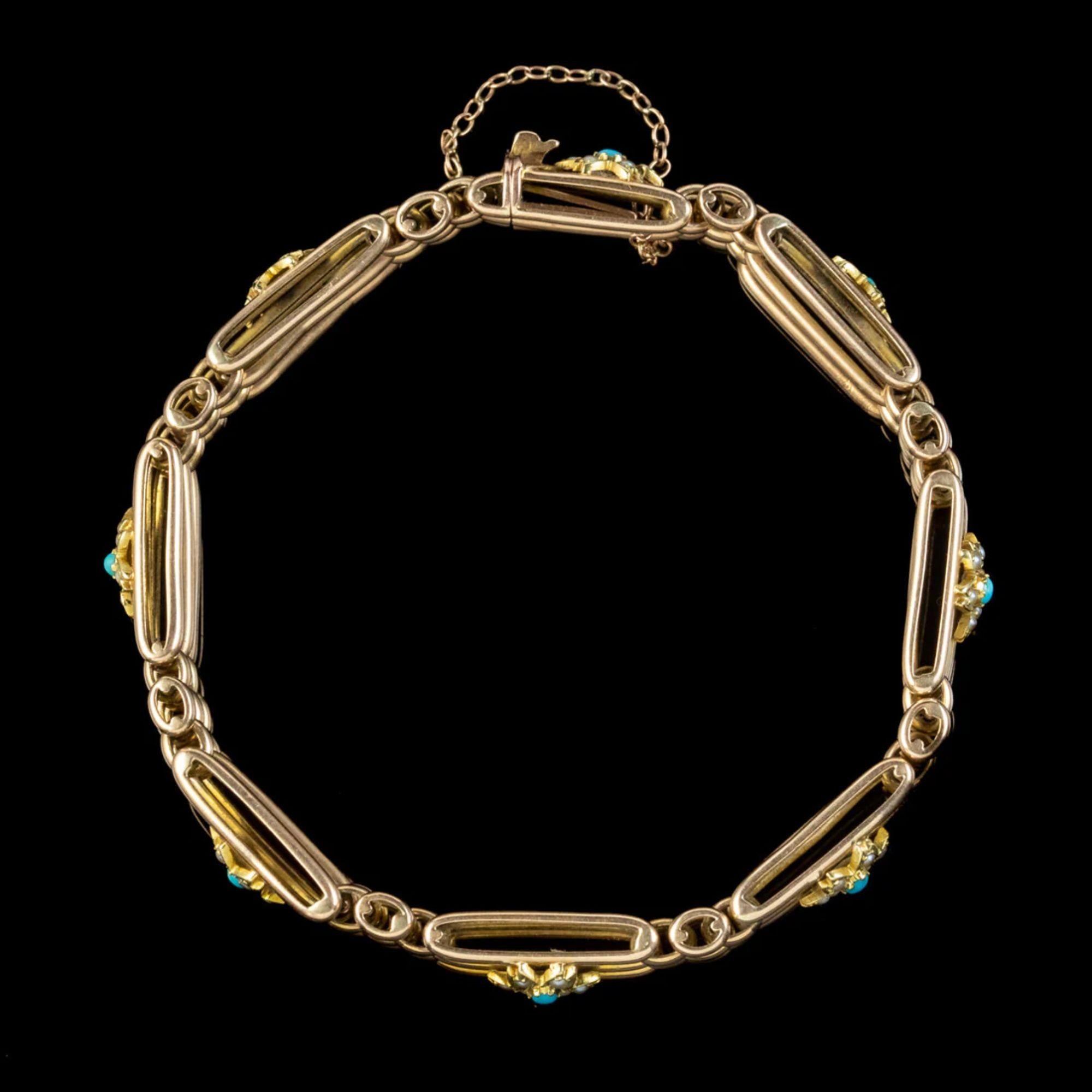 Victorien Bracelet ancien victorien à fleurs en or 15 carats et perles de turquoise en vente