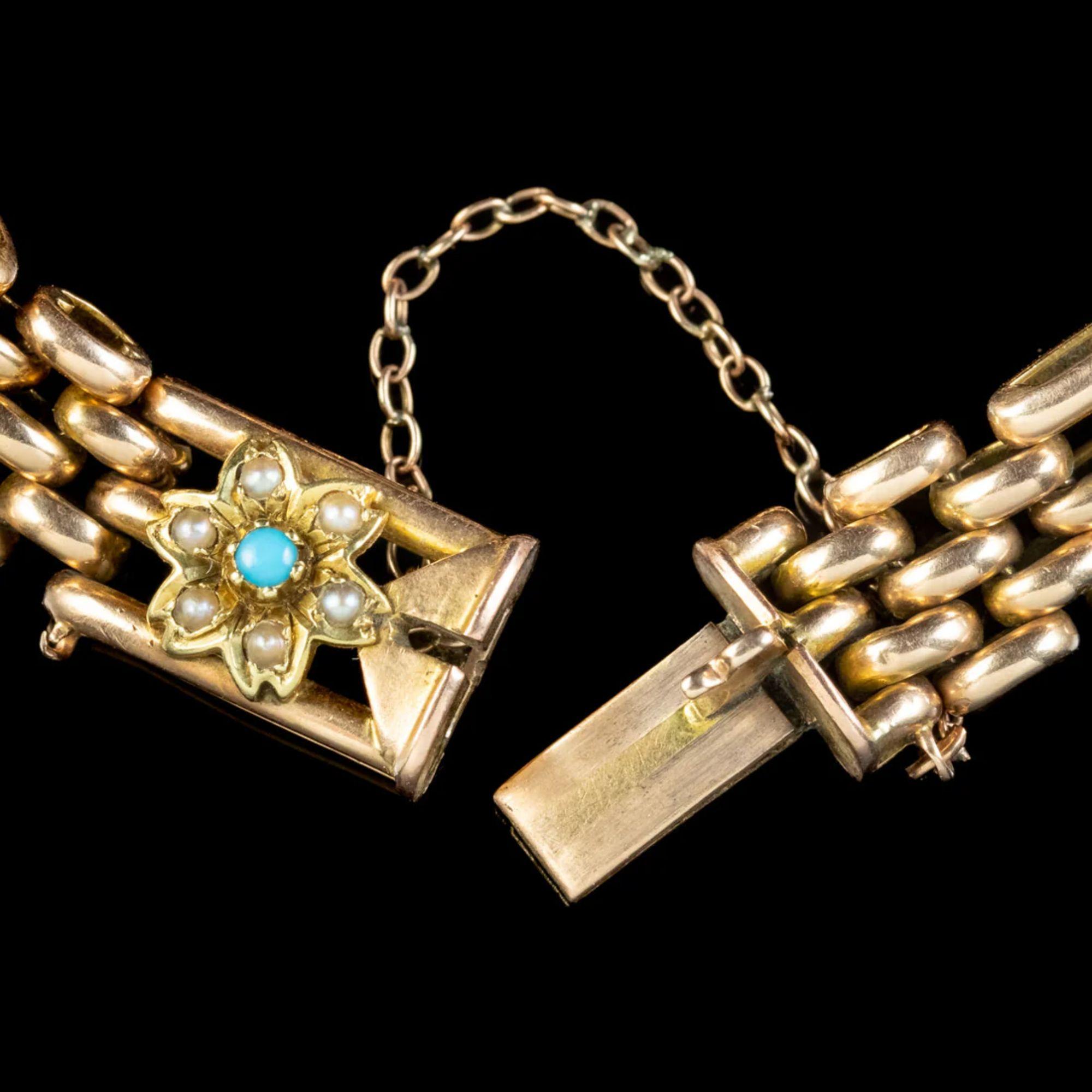 Antikes viktorianisches türkisfarbenes Perlen-Blumenarmband aus 15 Karat Gold (Cabochon) im Angebot