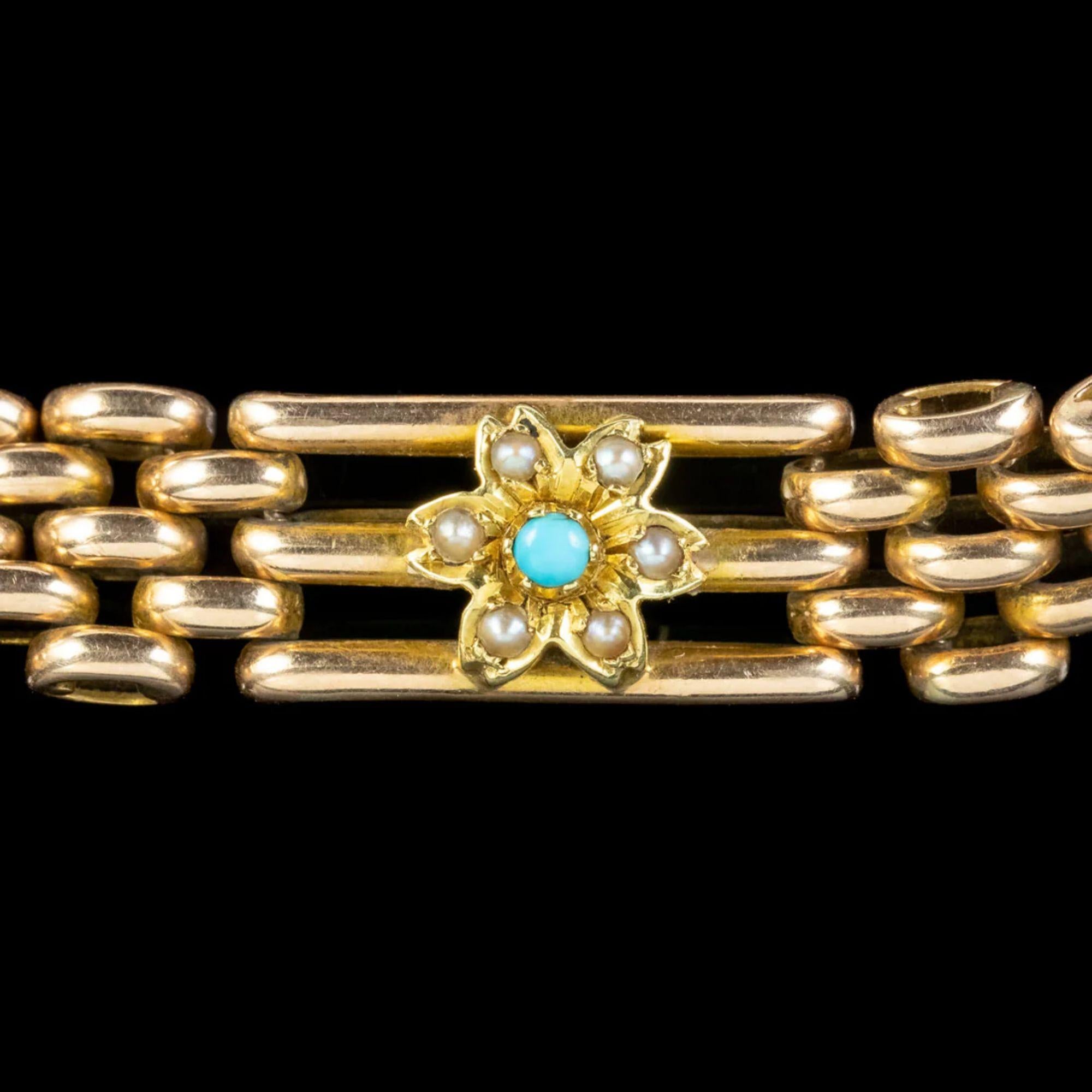 Women's Antique Victorian Turquoise Pearl Flower Bracelet in 15 Carat Gold For Sale