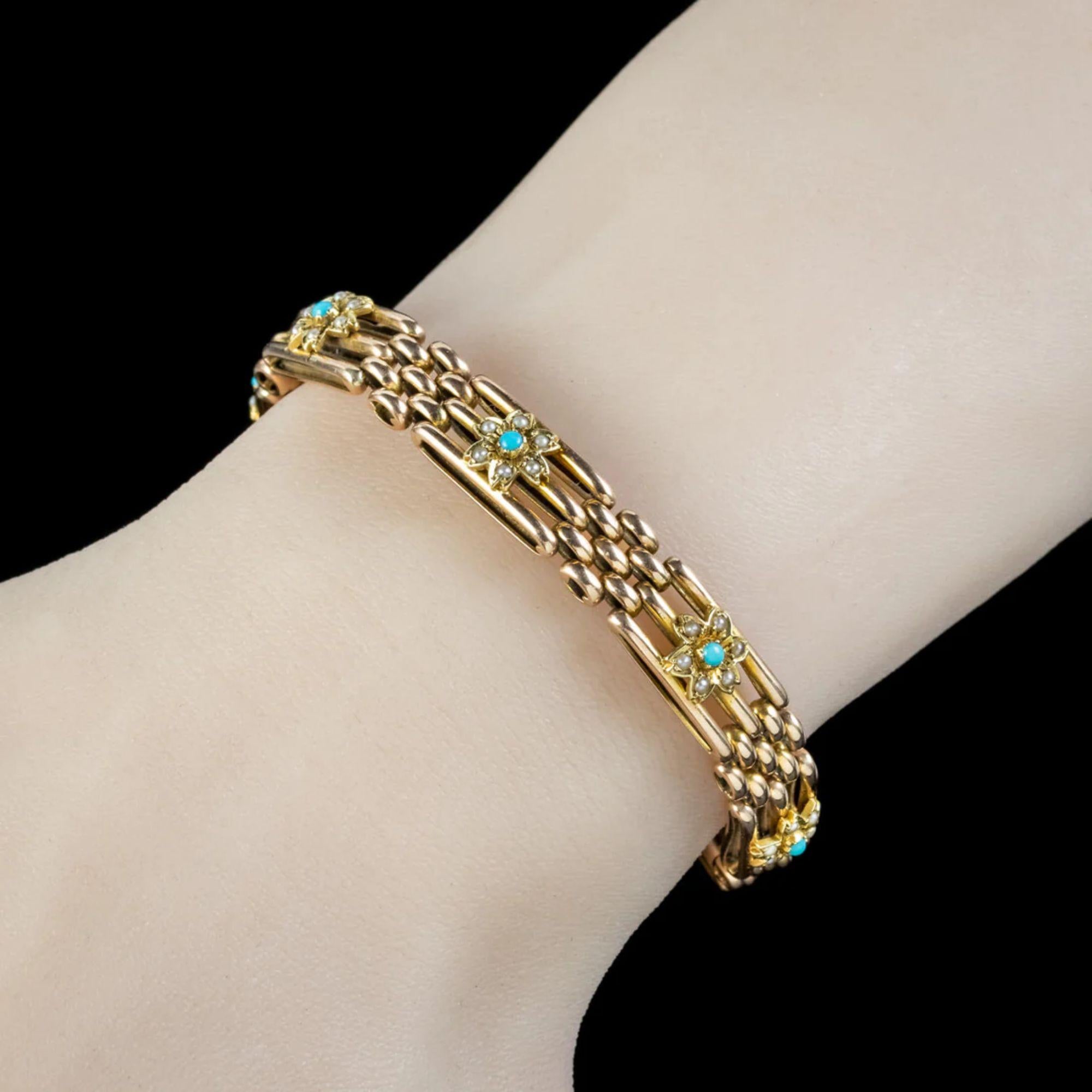 Bracelet ancien victorien à fleurs en or 15 carats et perles de turquoise en vente 1